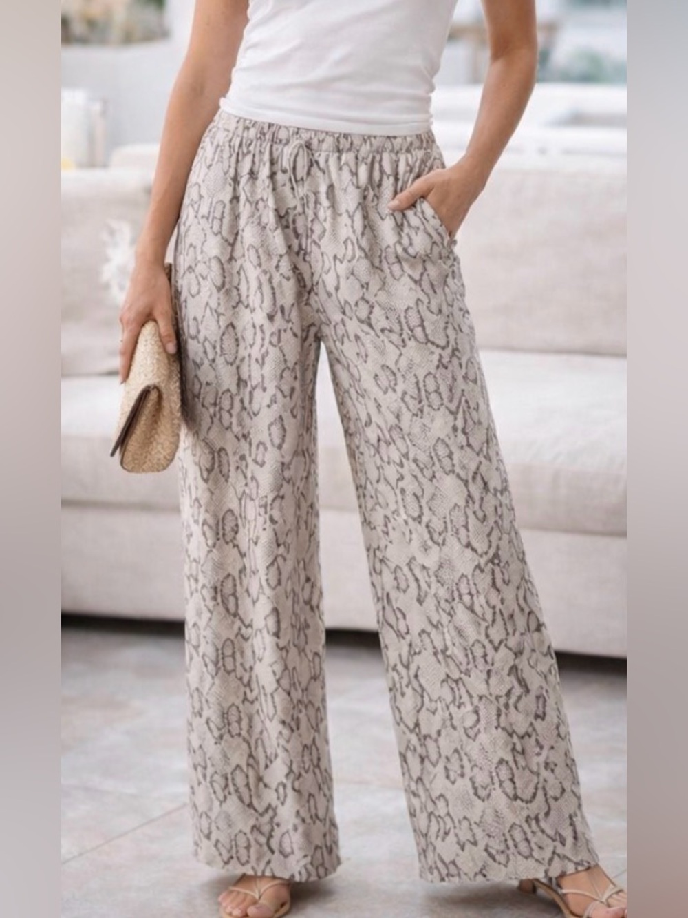 Silky Satin Snake Print Lounge Pants - Neutral
